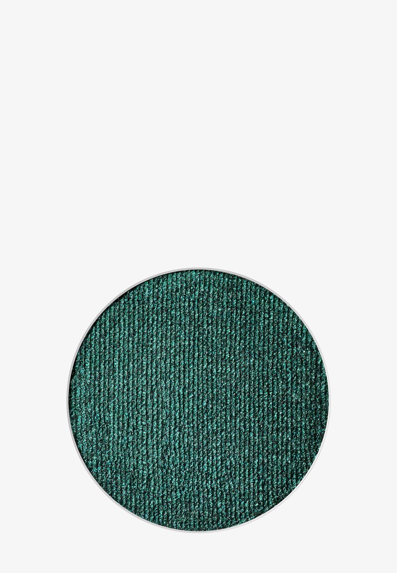 Dark green eyeshadow with a textured surface, circular shape, and metallic finish. Housed in a silver round pan.