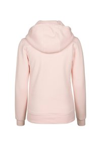 Helles rosa Hoodie aus weichem Stoff mit Kapuze, gerippten Bündchen und geradem Saum. Keine sichtbaren Muster oder Hardware-Details.