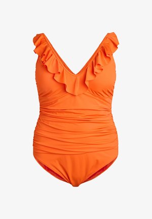 Maillot de bain une pièce orange avec décolleté en V à volants, texture froncée et couleur unie. Tissu lisse avec fronces sur les côtés.