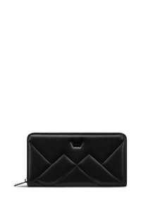 Black leather wallet featuring a quilted design with diagonal stitching patterns. It has a zip closure and embossed logo detail.