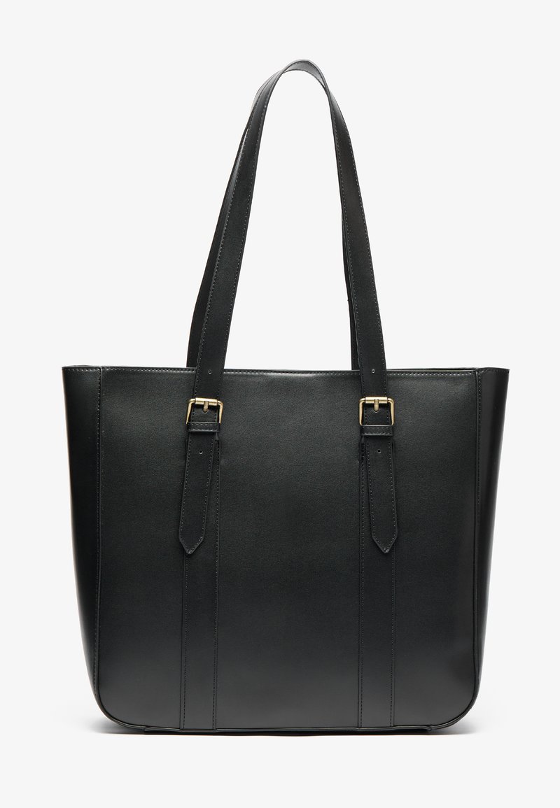 Black leather tote bag with dual straps, rectangular shape, smooth texture, and gold-tone hardware accents. Features vertical seam detailing.