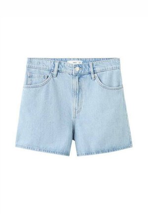 Pantaloni scurți din denim albastru deschis, cu talie înaltă, închidere frontală cu nasturi și două buzunare laterale. Prezintă detalii cusute de-a lungul cusăturilor.