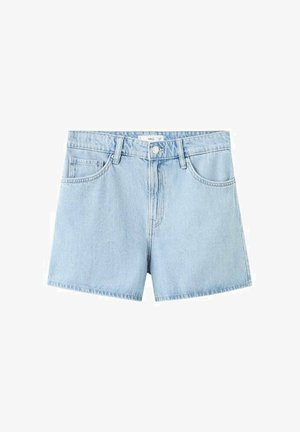 Short en denim bleu clair avec taille haute, fermeture à boutons à l'avant et deux poches latérales. Détails cousus le long des coutures.