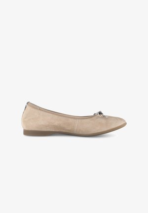 Beige suede flat shoe with a pointed toe, small bow detail on front, and low heel on a white background.