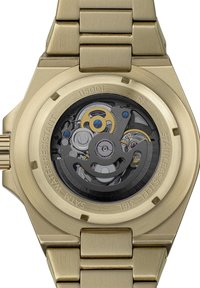 Gouden roestvrijstalen horlogekast met een transparante achterzijde die de ingewikkelde mechanische beweging toont. Bevat zichtbare tandwielen en blauwe accenten.