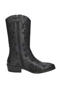 Schwarze Leder-Cowboystiefel mit Blumenprägung, spitzem Schuhprofil und seitlichem Reißverschluss. Robuster Blockabsatz, strukturierte Oberfläche und dekoratives Design.