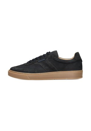 Black suede sneaker with a rubber sole, featuring a smooth texture, round toe, and lace-up front. Minimal accents in design.