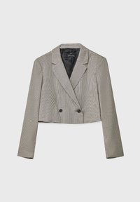 Cropped double-breasted blazer in textured houndstooth pattern. Features notched lapels and two black buttons, with a smooth black lining.