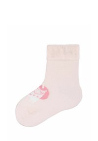 Helles pinkfarbige Socke mit geripptem Bündchen, ausgestattet mit einem weißen und pinken Druckmuster eines Cartoon-Charakters. Hergestellt aus einem weichen, dehnbaren Material.