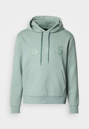 Light green hoodie with a kangaroo pocket, drawstring hood, and raised "BOSS" logo on the front. Features ribbed cuffs and hem.