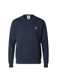Felpa blu navy realizzata in tessuto spesso e morbido. Presenta un collo rotondo, polsini a costine e un piccolo logo rosso sull'area del petto sinistro.