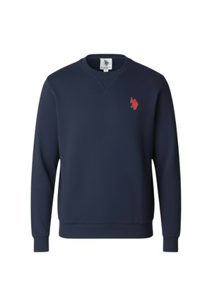 Felpa blu navy realizzata in tessuto spesso e morbido. Presenta un collo rotondo, polsini a costine e un piccolo logo rosso sull'area del petto sinistro.