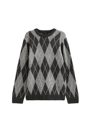 Gray argyle sweater featuring a round neckline, long sleeves, and textured knit. Pattern includes alternating dark and light diamonds.