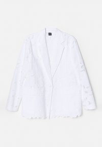 White blazer with floral lace design, single button closure, notched lapels, two front pockets, and scalloped hem detail.