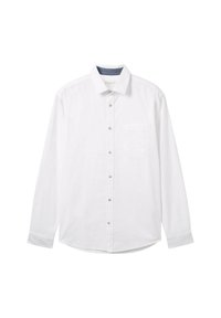 Witte langetermijnshirt met een button-down kraag, een enkele borstzak en een lichtblauwe binnenvoering, voorzien van lichtbeige knopen.