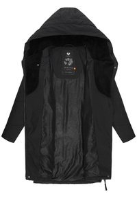 Veste à capuche noire avec une doublure intérieure douce, présentant un extérieur lisse, une fermeture éclair à l'avant et des accents en polaire prononcés au niveau du col.
