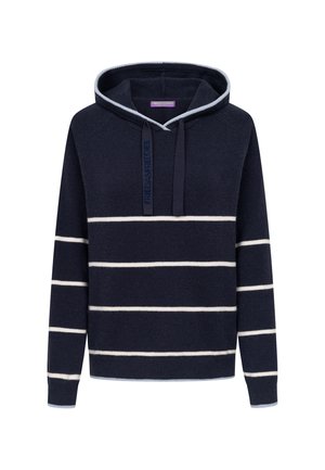 Donkerblauwe capuchontrui met witte horizontale strepen, koordjes met "FRIEDA&FREDDIES" tekst, en lichtblauwe afwerking op de manchetten en rand van de capuchon.