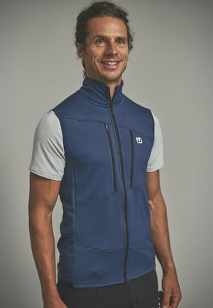 Lächelnder Mann mit lockigem Haar, der eine blaue ärmellose Weste mit Reißverschluss über einem hellgrauen Kurzarmshirt vor neutralem Hintergrund trägt.