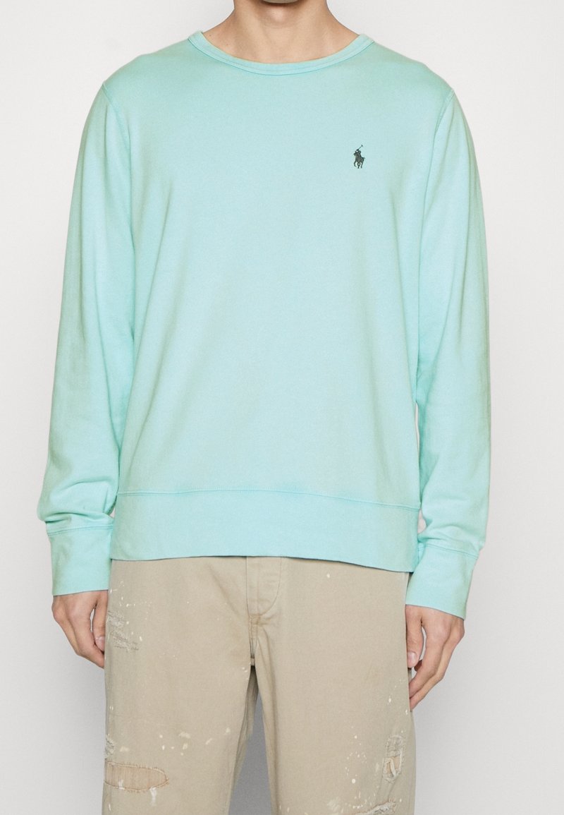 Sudadera de manga larga azul claro que cuenta con un cuello redondo, puños y dobladillo acanalados, y un pequeño emblema logo en el lado izquierdo del pecho.