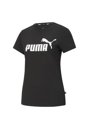 T-shirt in cotone nero con maniche corte, caratterizzato da un grande logo bianco "PUMA" e da una silhouette di puma in salto sul davanti.
