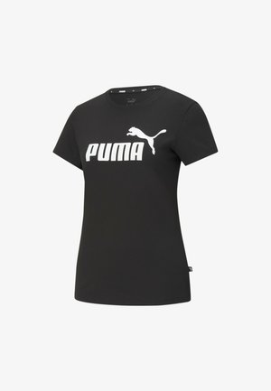 T-shirt in cotone nero con maniche corte, caratterizzato da un grande logo bianco "PUMA" e da una silhouette di puma in salto sul davanti.
