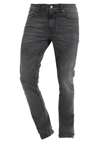 Šedé džíny z denimu s přiléhavým střihem, se zapínáním na knoflík a zip, pěti kapsami a jemnými detaily šití.