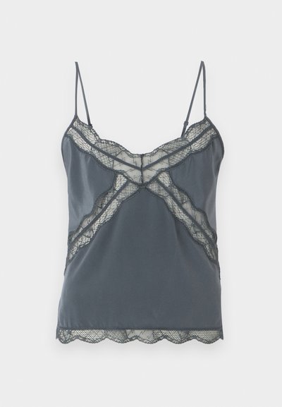 Dunkelgraues Camisole mit dünnen verstellbaren Trägern, Spitzendetails am Ausschnitt und Saum, glatter Stoff und gewellter Rand.