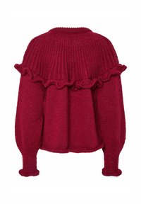 Suéter rojo de punto con cuello redondo acanalado, dobladillo con volantes y mangas voluminosas con un acabado texturizado.