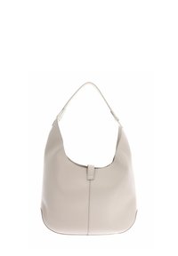 Grote, zachte beige leren hobo-tas met een enkele schouderband, gestructureerde vorm en een centraal lipje als detail bij de opening.