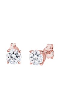 Pendientes de aro con piedras preciosas transparentes engastadas en plata de ley 925 bañada en oro rosa. Incluyen cierres seguros y superficies pulidas suaves.