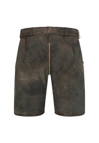 Brune læder shorts med en tekstureret overflade, bæltestropper, to sidelommer og en lommepunkt på højre side.