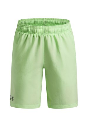Lichtgroene sportshorts met een elastische tailleband en een klein zwart logo aan de onderzijde links. Gladde textuur en lengte boven de knie.