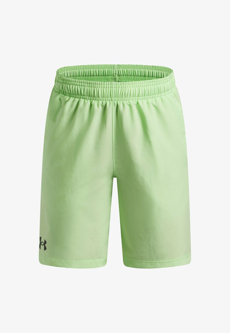 Ljusgröna sportshorts med elastisk midja och en liten svart logga på nedre vänstra sidan. Slät textur och längd ovanför knäet.