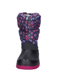 Schneestiefel mit einer schwarzen Gummibasis, pinker Außensohle und einem floral gemusterten Nylon-Obermaterial in lila, rosa und blauen Farbtönen. Mit einem Zugverschluss oben.