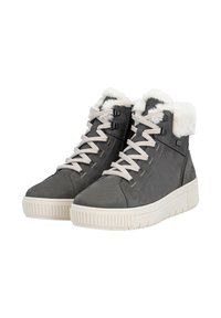 Graue High-Top-Sneaker aus Leder mit Kunstpelzkragen, cremefarbenen Schnürsenkeln und einer strukturierten weißen Gummisohle. Mit Seitlichem Reißverschluss und Logo.