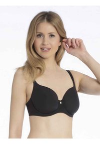 Czarny stanik z gładkimi formowanymi miseczkami, regulowanymi ramiączkami i małym złotym akcentem na środku. Charakteryzuje się klasycznym wzornictwem i miękką teksturą.