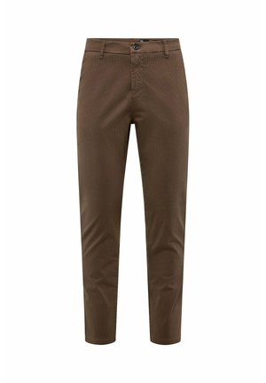 Braune Baumwollhosen im Slim-Fit, mit klassischem Knopfverschluss und subtiler Textur, geeignet für legere oder semi-formelle Anlässe.