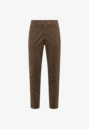 Brown cotton trousers with a slim fit, featuring a classic button closure and subtle texture, designed for casual or semi-formal wear.