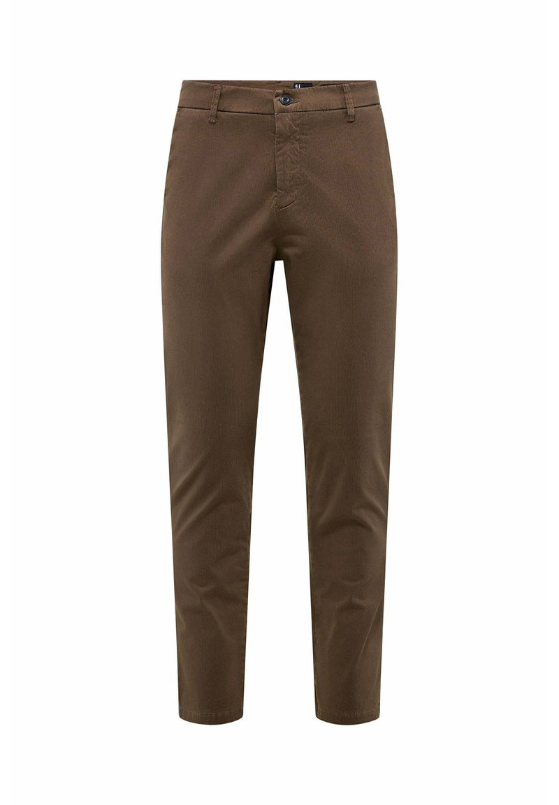 Pantaloni in cotone marroni con una vestibilità slim, dotati di un classico bottone di chiusura e una trama sottile, progettati per un abbigliamento casual o semi-formale.
