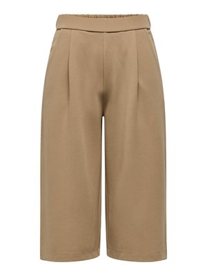 Beżowe spodnie o wysokim stanie i szerokich nogawkach, długości 7/8, z elastycznym tylnym pasem i plisami z przodu, zaprojektowane dla luźnego, wygodnego dopasowania.