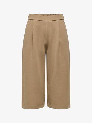 Beżowe spodnie o wysokim stanie i szerokich nogawkach, długości 7/8, z elastycznym tylnym pasem i plisami z przodu, zaprojektowane dla luźnego, wygodnego dopasowania.