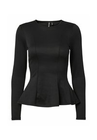 Czarna, długiego rękawa bluzka peplum z gładkiego, elastycznego materiału, z okrągłym dekoltem i dopasowanym korpusem, rozszerzająca się w talii.