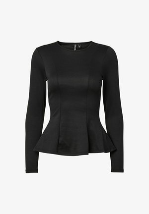 Haut peplum noir à manches longues en tissu lisse et extensible, avec un col rond et un corsage ajusté, évasé à la taille.