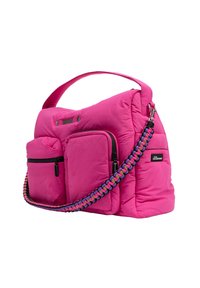 Roze, gevoerde handtas met twee voorste ritszakken. Voorzien van een gekleurde gevlochten schouderband en een bovenhandvat. Soepele, doorgestikte textuur.