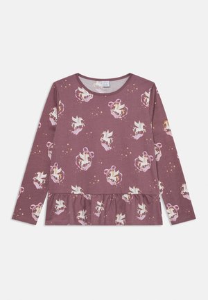 Long-sleeve top in mauve, featuring a ruffled hem, adorned with unicorn and star patterns in pastel colors. Made from soft fabric.