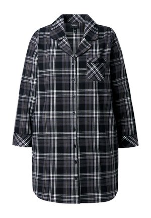 Camicia da notte a quadri nera e grigia con colletto a vista, maniche lunghe, chiusura con bottoni e taschino sul petto con motivo a check diagonale.