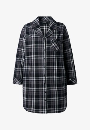 Czarna i szara koszula nocna w kratę z kołnierzykiem, długimi rękawami, zapięciem na guziki z przodu oraz kieszonką na piersi z diagonalnym wzorem kratki.