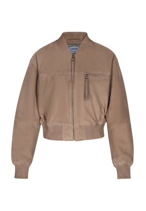 Brun cropped bomberjakke lavet af glat stof, med ribbet krave, manchetter og en lynlåslomme på brystet til sikker opbevaring.