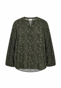 Hedvábně zelená blůza s paisley vzorem, výstřihem do V a třičtvrtinovými rukávy. Vyrobena z měkkého materiálu s volným střihem.