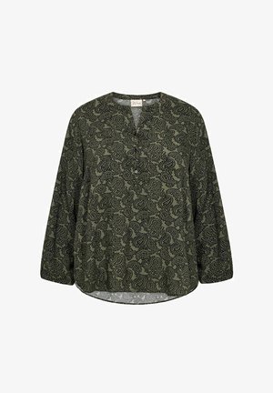 Oliwkowa bluzka z wzorem paisley, dekoltem w serek i rękawami o długości 3/4. Wykonana z miękkiego materiału o luźnym kroju.